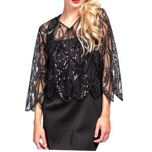 Black Sequin Beaded Vintage Style Shawl Jacket Cardigan Wrap 3/4 Cropped Sleeves